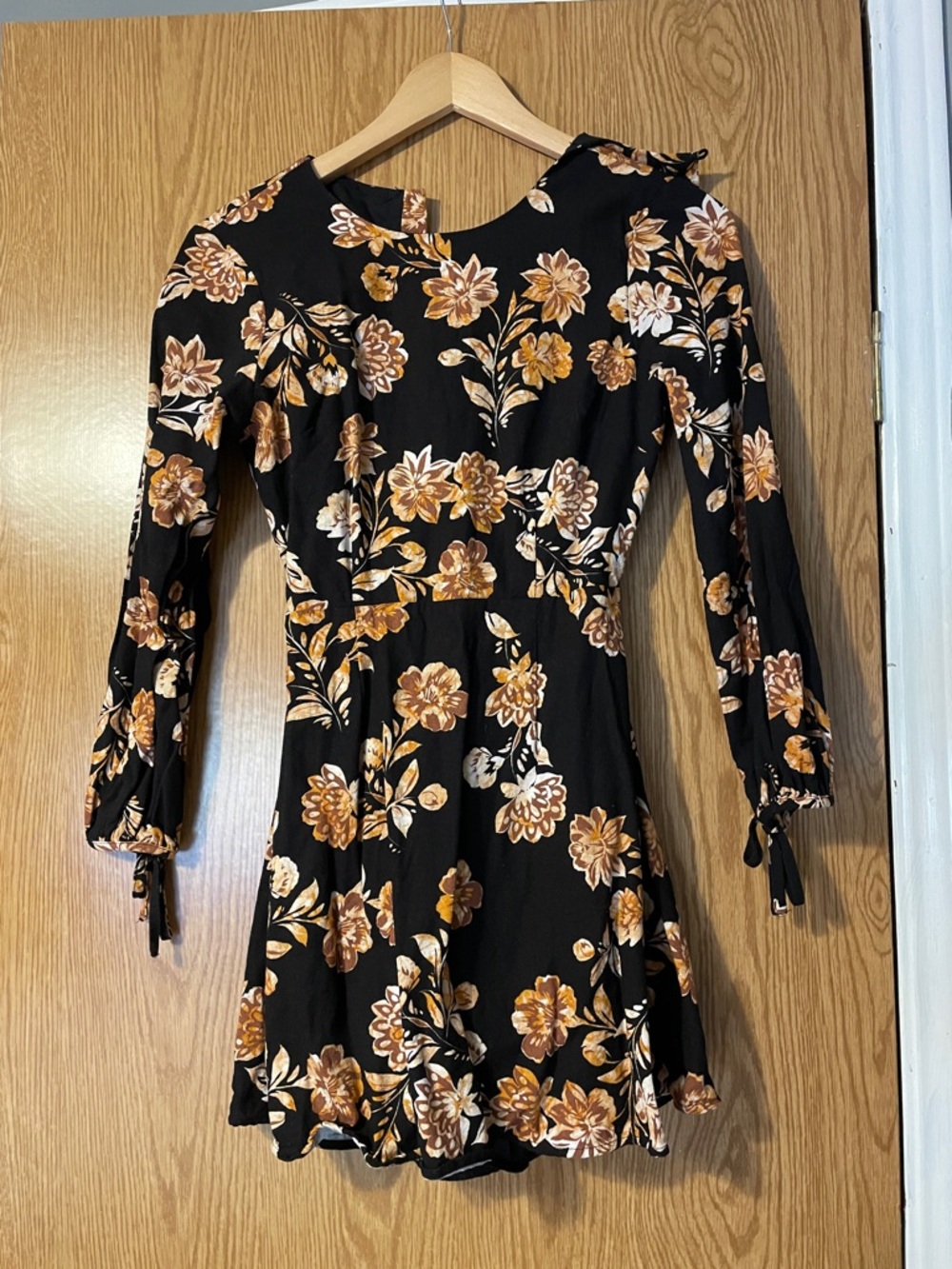 Black Floral Long-Sleeve Mini Dress with Flowers and Open Back